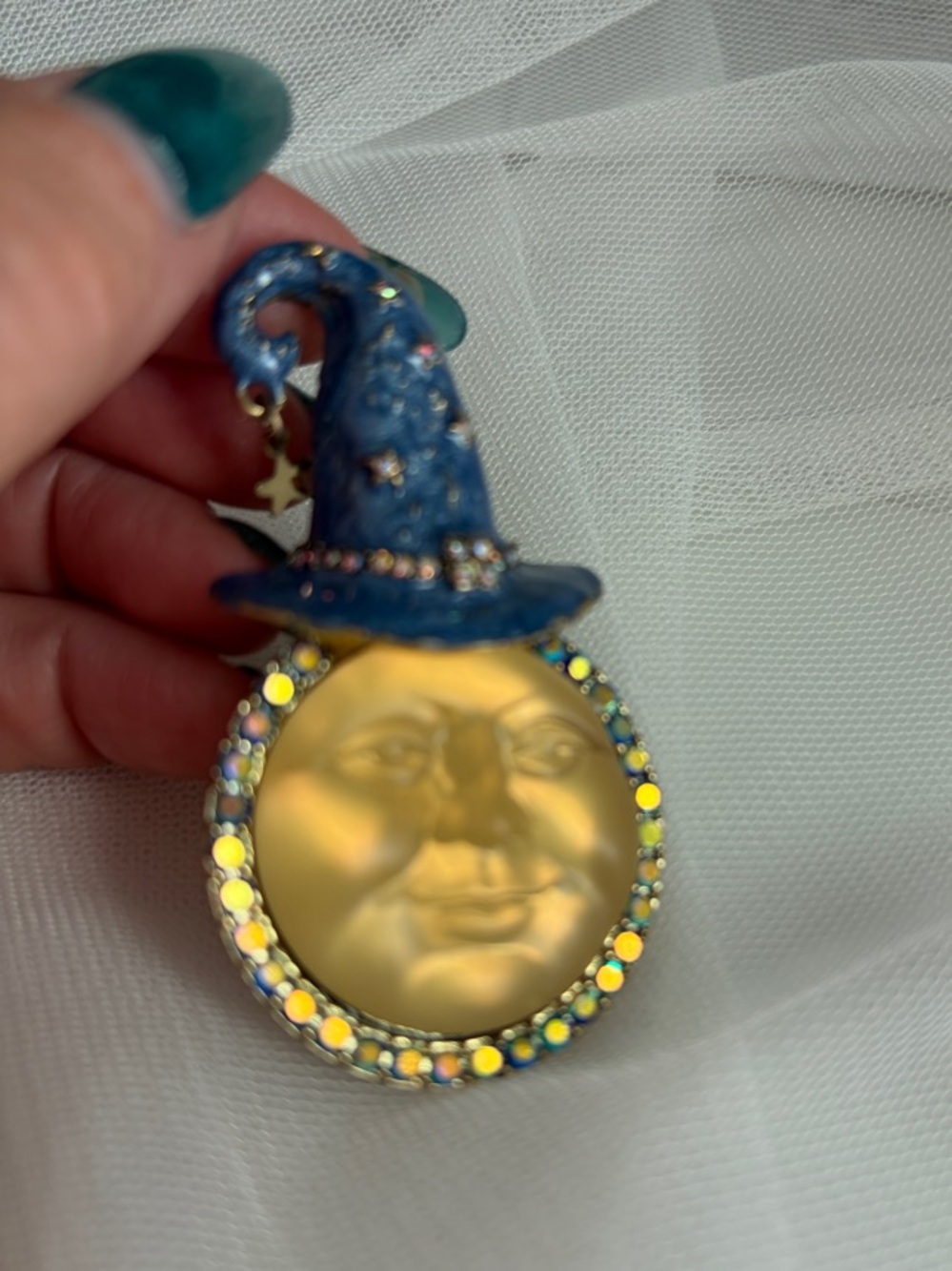 Signed KIRKS FOLLY Iridescent Moon face and Witches hat AB